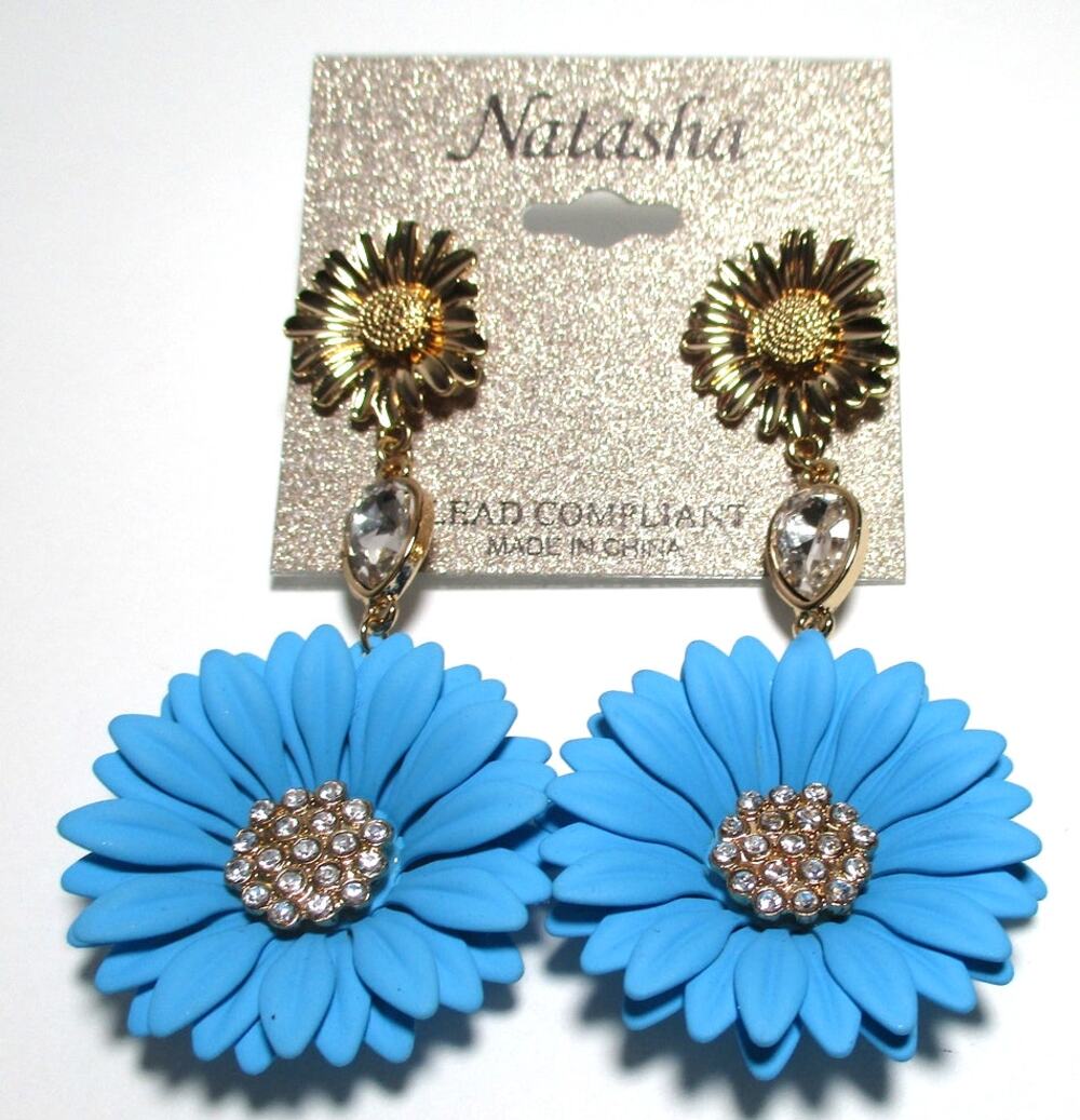 Natasha Blue Dazy Flower Drop Earrings Stud With Backs New